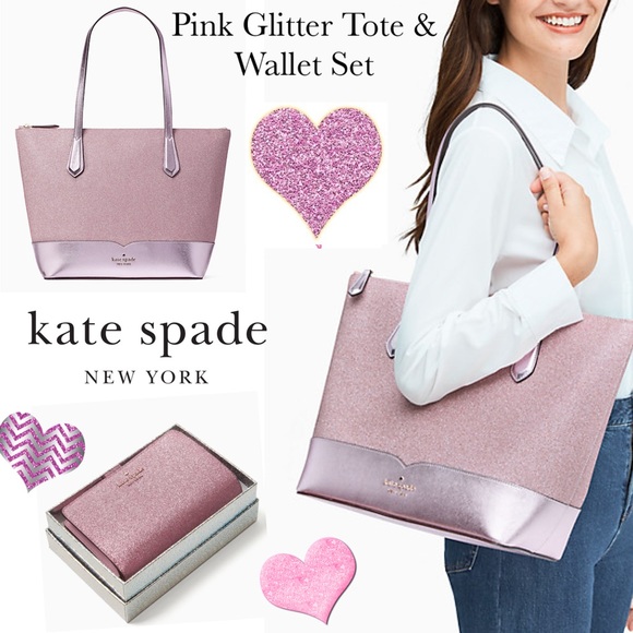 kate spade Handbags - Kate Spade Lola Glitter Rose Pink Tote Wallet Set
